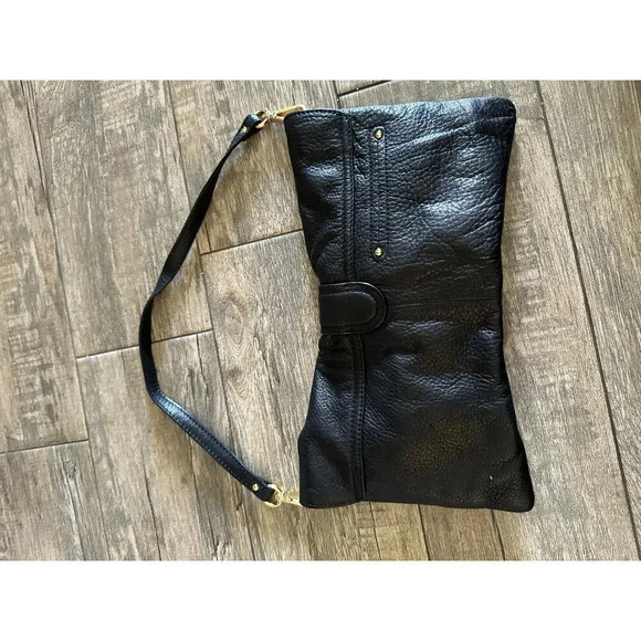 B Makowsky Soft Black Leather Brushed Gold Hardware Strap Clutch Handbag - Picture 6 of 12